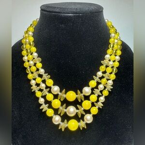 Vintage Japan Yellow Lucite and Faux Pearl Beaded Necklace